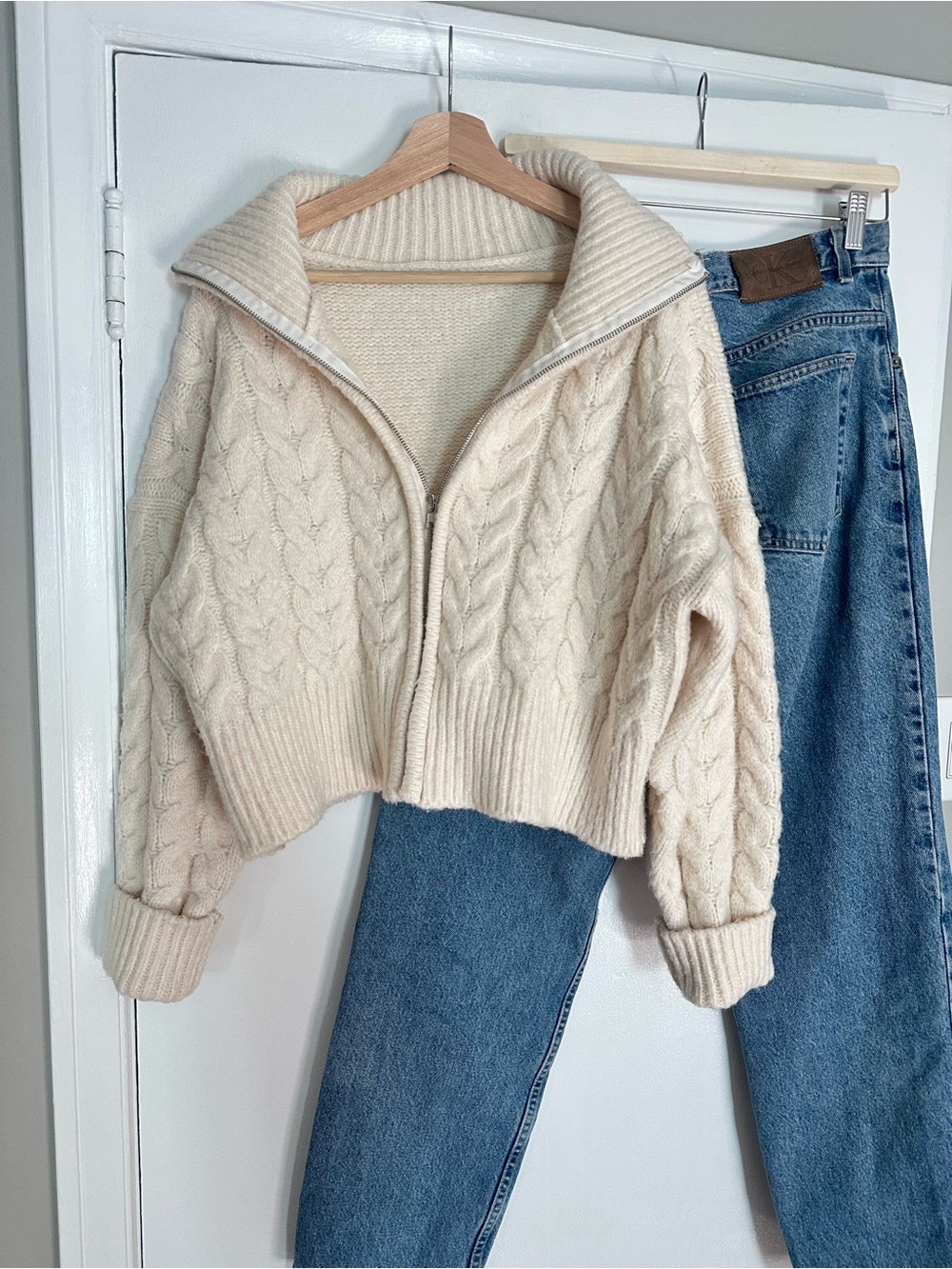 Cream Cable Knit Zip-Front Sweater Jacket